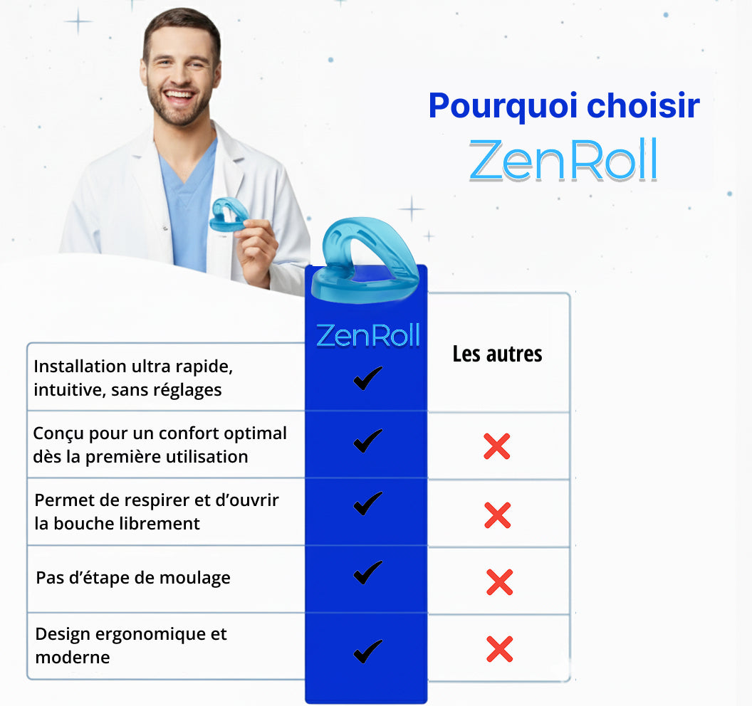 homme en blouse medicale tenant une gouttiere anti ronflement zenroll devant un tableau comparatif des avantages par rapport aux autres solutions