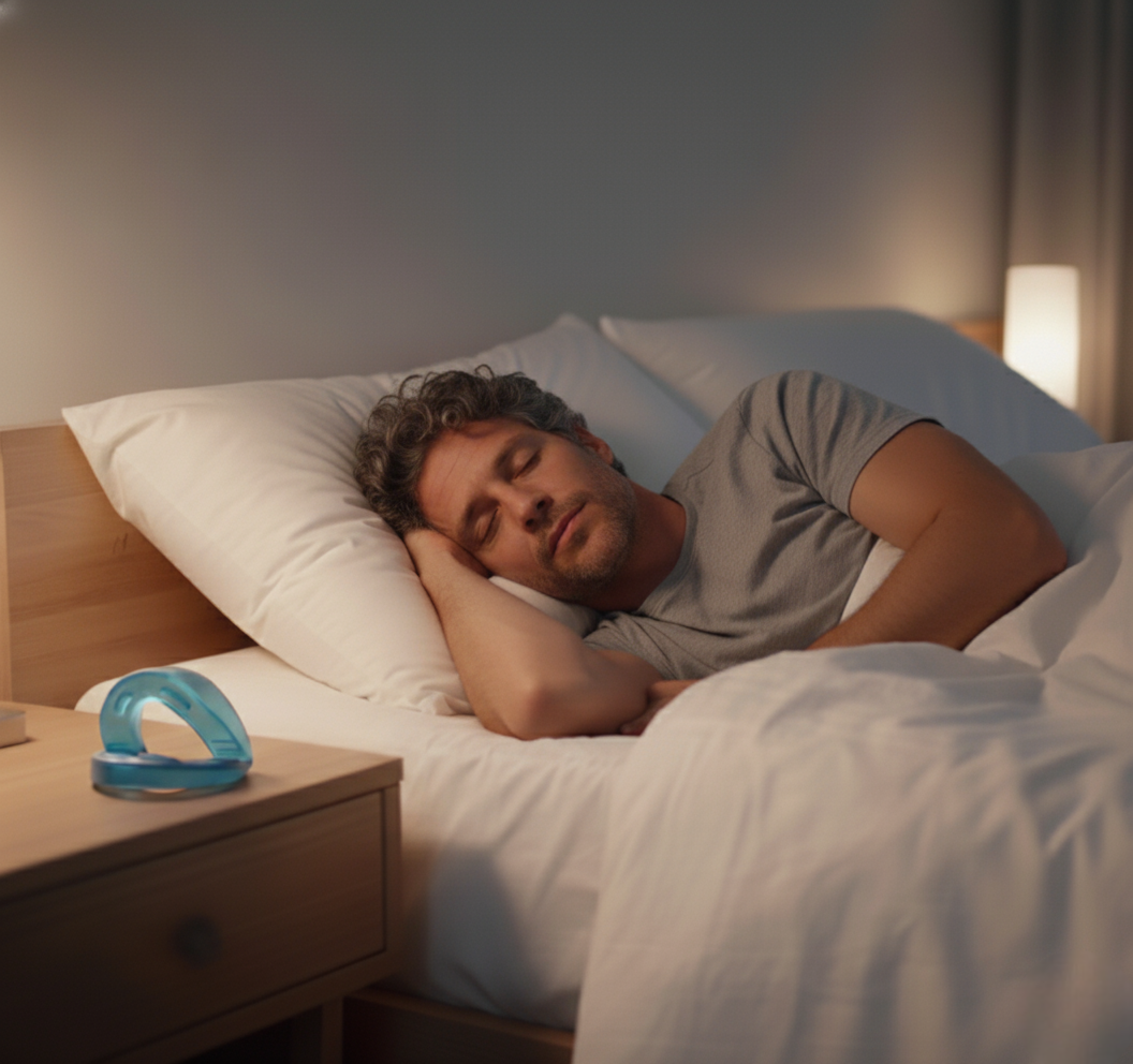 un homme dormant dans son lit avec une gouttiere anti-ronflement sur sa table de nuit